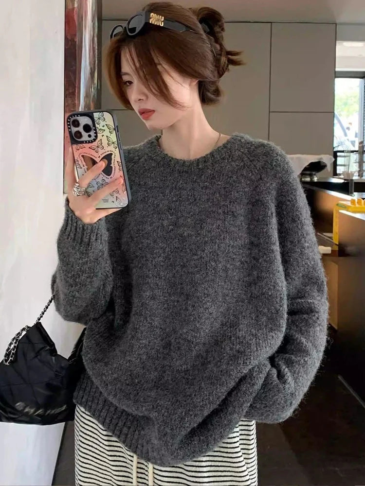 Bxoxo Streetwear Loose Gray Sweaters Women Long Sleeve Vintage Simple Knitted Pullover Korean Fall O Neck Female Retro Jumpers