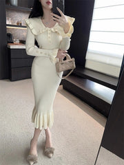 Bxoxo Elegant Ruffled Slim Mermaid Dress Women Autumn New Patchwork Casual Midi Dress Female Korean Long Sleeve Knit Folds Vestidos