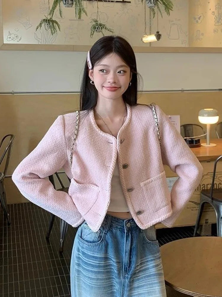 Bxoxo Pink Sweet Tweed Jackets Women Vintage O Neck Cute Elegant Long Sleeve Short Coats Retro Casual Single Breasted Pockets Outwear