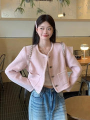 Bxoxo Pink Sweet Tweed Jackets Women Vintage O Neck Cute Elegant Long Sleeve Short Coats Retro Casual Single Breasted Pockets Outwear