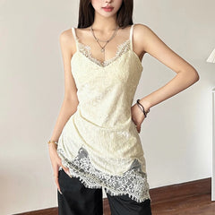 Bxoxo Lace Patchwork V-Neck Camis Women Y2K Summer Sexy Spaghetti Straps Sleeveless Tank Korean Fashion Irregular Female Vest
