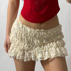 BXOXO y2k Ruched Lace Folds Skirt Summer Low Rise Bow Stitching Mini Skirts for Women Fairycore Elastic Skinny Ladies Bottoms