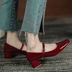 BXOXO New Women's Red Black Mary Janes Shoes High Quality Leather Low Heel Dress Shoes Square Toe Shallow Buckle Strap Women's Shoes