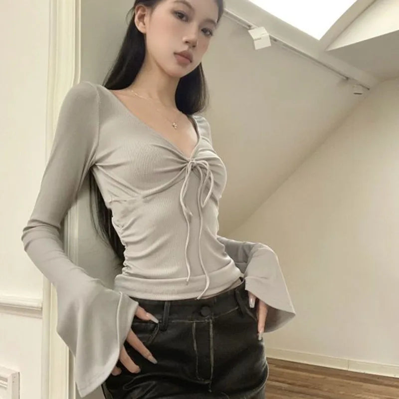 Bxoxo Y2K Fashion Flare Sleeve Women T Shirts Spring Streetwear V Neck Folds Slim Tops Korean Chic Lace Up Ladies Crop Bottoming Tees