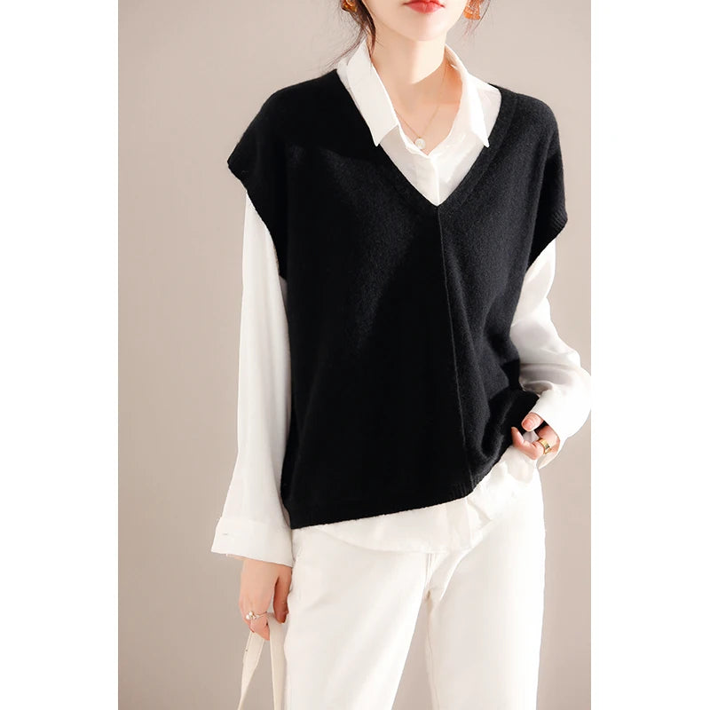 Bxoxo Cashmere Vest Ladies New 100%Pure Wool Knit Waistcoat Spring V-Neck Large Size Sweater Wild Sleeveless Vest Solid Loose Top
