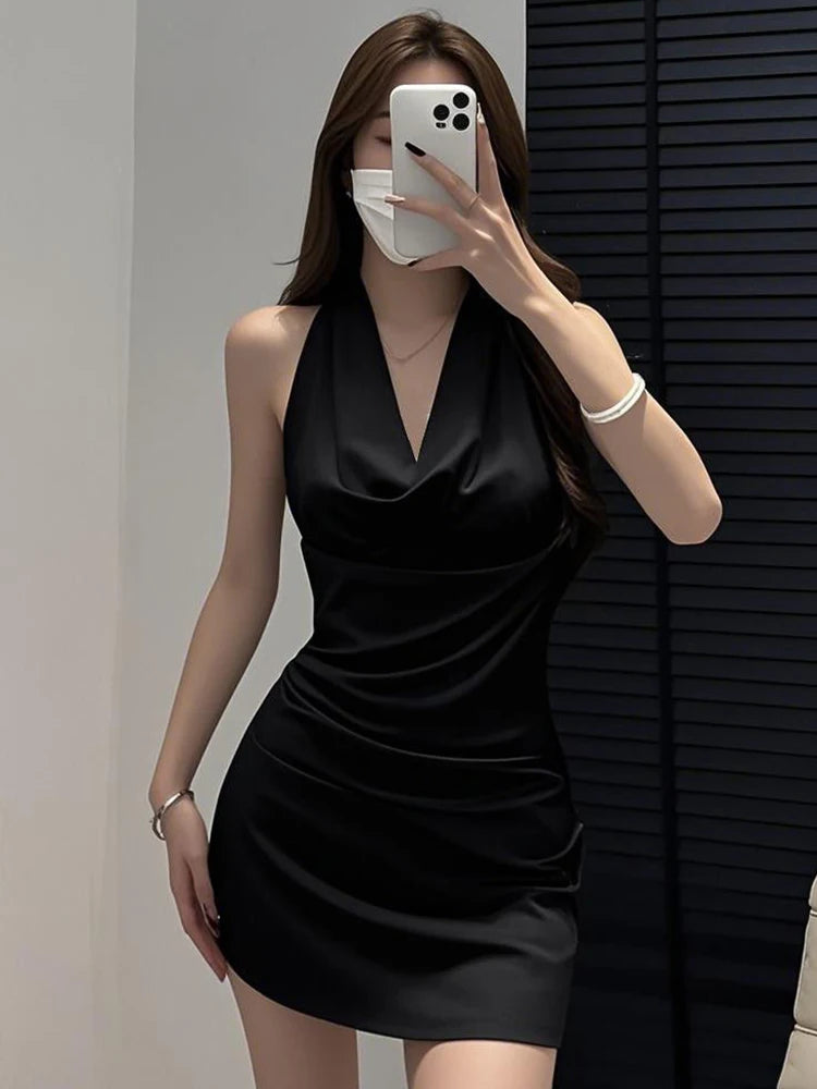 Bxoxo Elegant Halter Neck Black Mini Skirt Women Summer Fashion Lace Patchwork Slim Dress Y2K Sexy Off Shoulder Sleeveless Vestidos