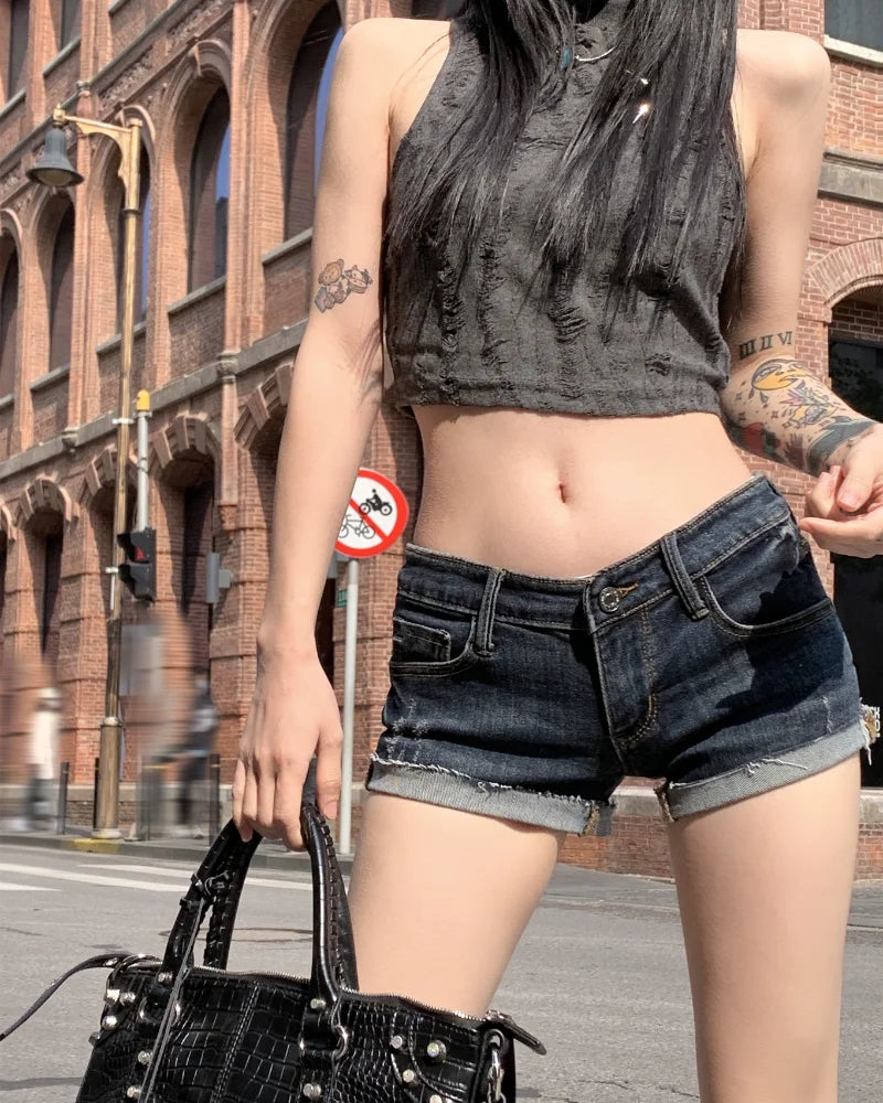 BXOXO Women's Low Rise Elastic Tight Curled Denim Shorts Summer New Hot Girl Street Casual Hip Wrap Sexy Mini Shorts Female
