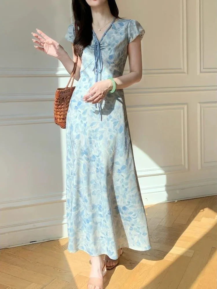 BXOXO Sweet Blue Print Long Dress Women Slim Vintage V Neck Elegant Dress Casual French Retro Lace Up Female Soft Vestidos New