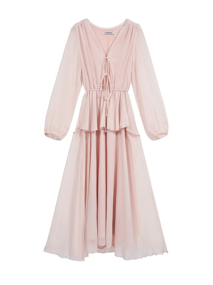 Bxoxo Women's Elegant Fairy Casual Korean Style Dresses New V-Neck Lace-up Long Lantern Sleeve Ruffles Midi Dress 2025 Holiday Vestido