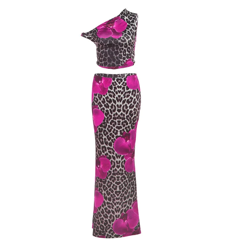 BXOXO Skew Collar 2 Piece Set Flower Leopard Print Women Sleeveless Crop Tops+Skinny Long Skirts Vacation Beach Party Suit