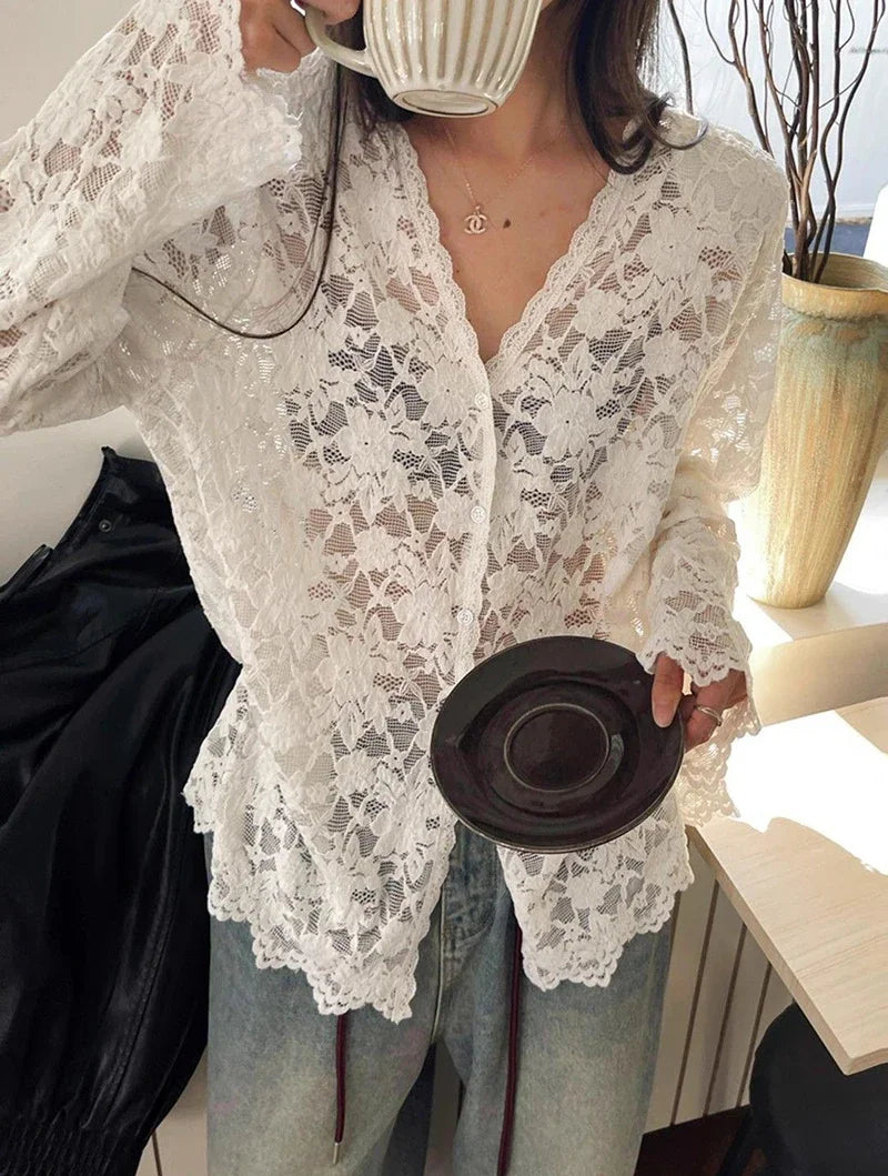 Bxoxo Y2K Lace Sheer Black Shirts Women Streetwear Sexy Hollow Out White Blouses Korean Aesthetic Long Sleeve Chic Sun Protection Tops