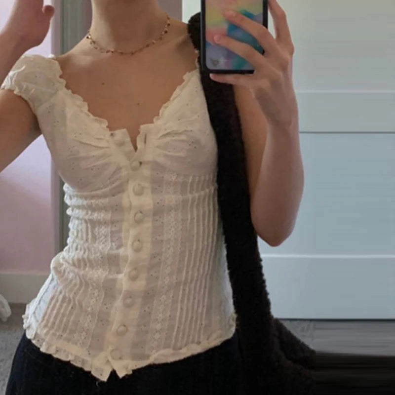 Bxoxo 90s French Vintage Floral T-shirt Fairy Grunge Kawaii Button Frill V Neck Pullovers Tee Women Y2K Aesthetic White Crop Top Retro