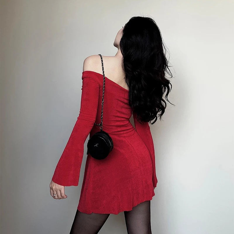 BXOXO Women's Sexy Style Flower One Shoulder Long Sleeve Dress Red Knitted Skirt Christmas Clothing Spring New Style