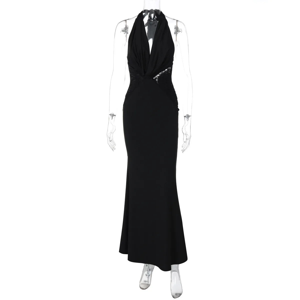 BXOXO Halter Deep V Neck Sexy Maxi Dress For Women Gown Black Lace Off-shoulder Backless Sleeveless Bodycon Long Dress