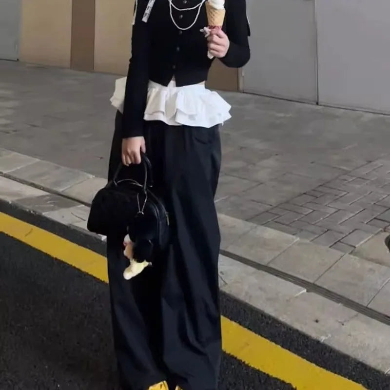 Bxoxo Y2k Black Vintage Women Skirt Pants Kawaii Patchwork Harajuku Korean Style Sweatpants Wide Leg Baggy Trousers Youthful