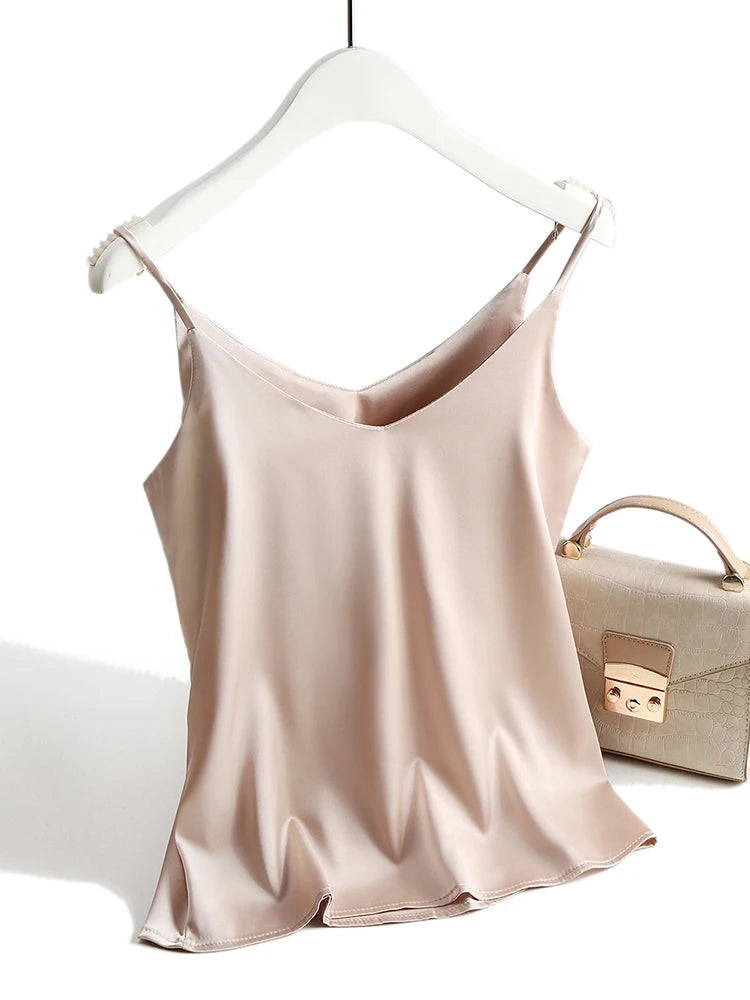 Bxoxo Spaghetti Strap Top Women Halter V Neck Basic White Cami Sleeveless Satin Silk Tank Tops Women'S Summer Camisole