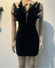 BXOXO  Luxury Birthday Women’s Feathers Sequin Strapless Deep V-neck Black Bodycon Mini Dresses Sexy Club Party Night Prom Robe