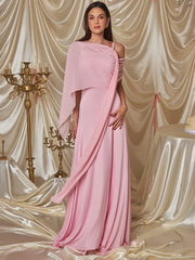 BXOXO Pink Cape Sleeve Sexy Maxi Dress For Women Off-shoulder Backless Gown Elegant Skew Collar Lace-up Long Dress Vestido