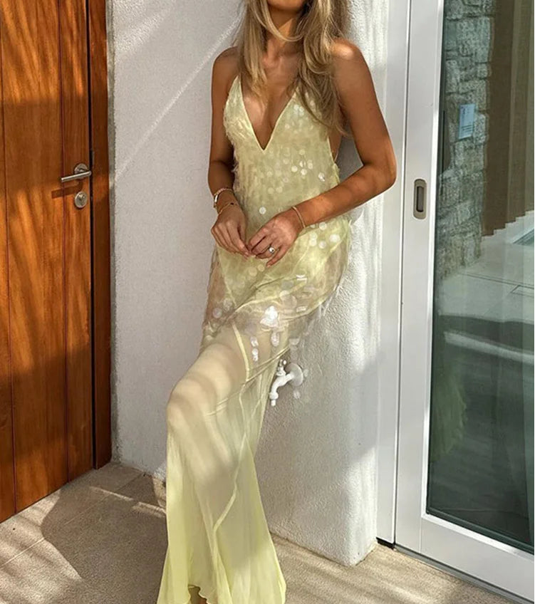 BXOXO Sequins Halter Women Evening Dresses Sexy Patchwork Sleeveless Backless Deep V Neck Female Party Dress Euphoria Lady Robe