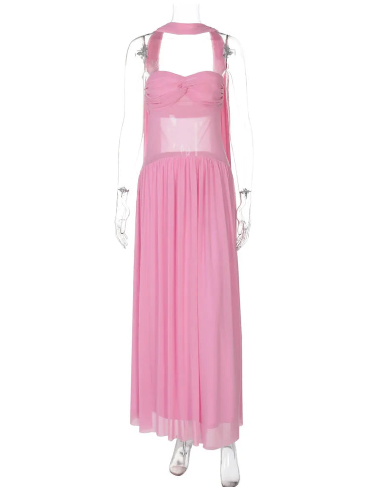 BXOXO  Scarf Collar Backless Sexy Maxi Dress For Women Gown Pink Strapless Off-shoulder Backless Mesh Long Dress Vestido