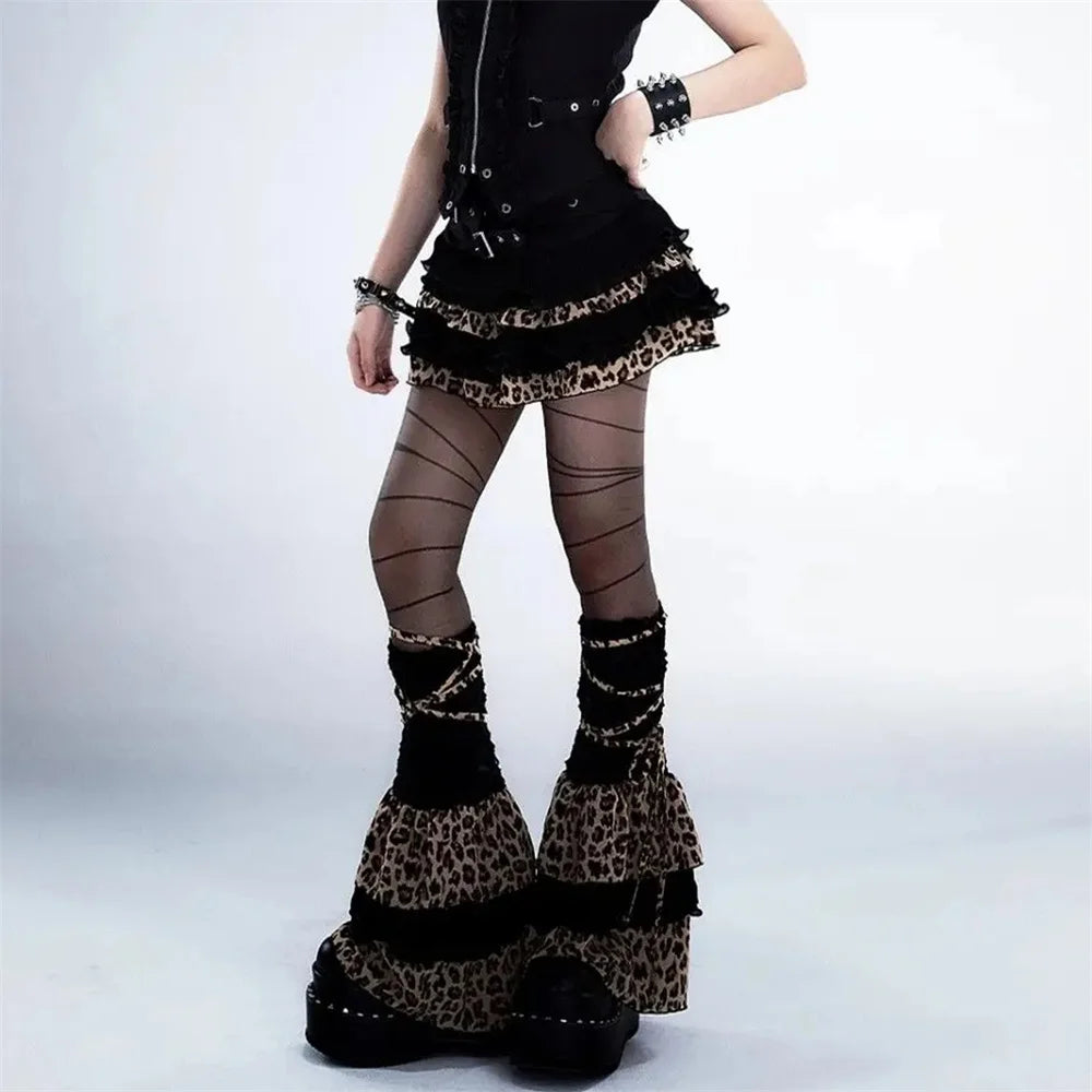 Bxoxo Y2K Leopard Print Ruffle Kawaii Vintage Skirts Goth Black Aesthetic Subculture Short High Waist Punk Cake Fluffy Cute Slim Skirt