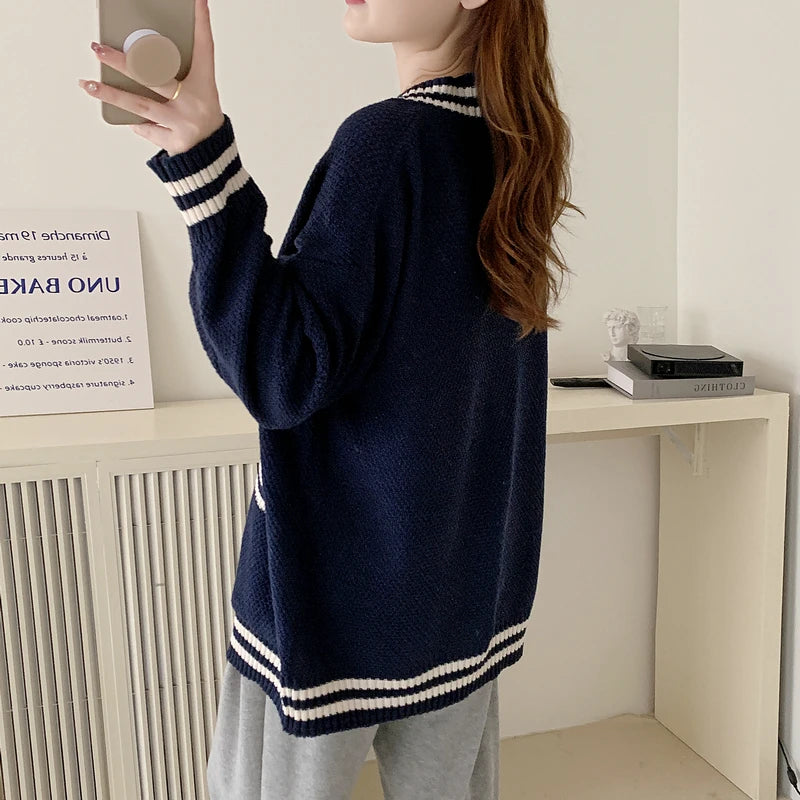 Bxoxo Women Cardigan Sweater Varsity Striped Front Pocket Long Sleeve Button-up Knit Sweater Jacket College Student Girl Preppy Style