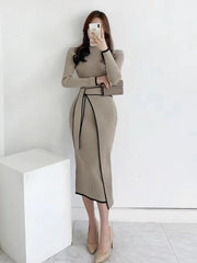 Bxoxo Korean Chic Patchwork Women Midi Dress Y2K Autumn Stand Collar Slim Lace Up Knitted Dress Elegant Office Lady All Match Vestidos