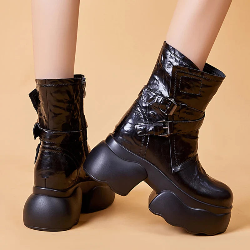 BXOXO Chunky Heel Women's Pu Leather Ankle Boots Double Buckle Platform Side Zipper Short Boots Winter New Goth Metal Punk Shoes Botas