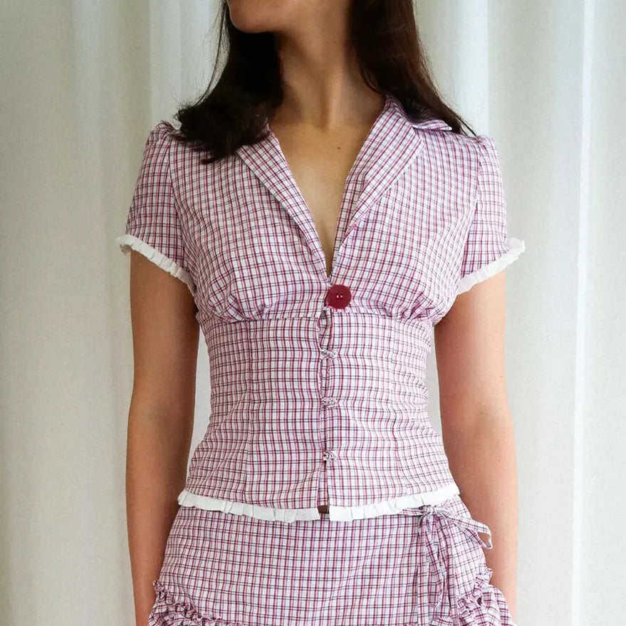 BXOXO Women's Button Down Shirt Slim Fit Contrast Color Plaid Lapel V Neck Short Sleeve Tops Summer Preppy Coquette Aesthetic