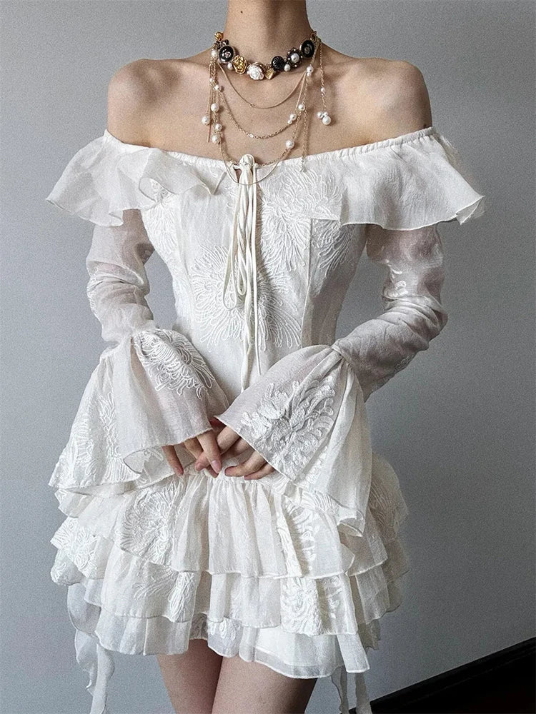 Bxoxo Sweet Ruffle Dress Women Y2K Sexy Off Shoulder Lace Up Long Sleeve Mini Dress Fashion Irregular Party Club Vestidos Mujer