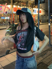 BXOXO Gothic Tee Y2k Letter Print Off Shoulder Punk T-shirts Women Harajuku Summer Streetwear Grunge T Shirt Aesthetic Sexy Crop Tops