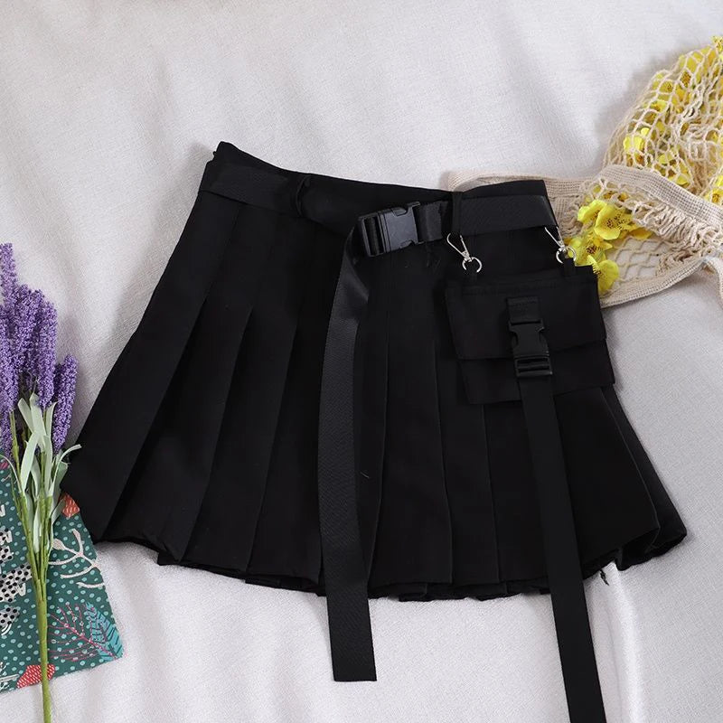 Bxoxo Harajuku Belt Pleated Cargo Skirt Women Fashion Gothic High Waist Pocket Mini Skirts Fashion Summer Lady A Line Black Skirt