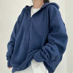 BXOXO Women Hoodies Solid Color Zip Up Pocket Oversized Harajuku Korean Sweatshirts Female Long Sleeve Hooded Streetwear Casual Top