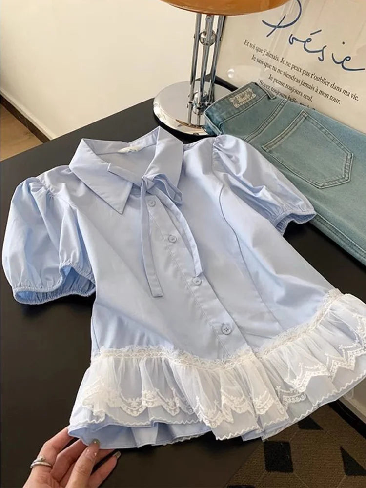 BXOXO Casual Sweet Blue Shirt Women Cute Lace Patchwork Bow Blouse Vintage French Preppy Style Short Sleeve Elegant Kawaii Tops