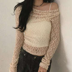 BXOXO Transparent Lace Crop Top Asymmetrical Off-shoulder Long Sleeve Smock T-shirts Women Summer Casual Tees y2k Vintage Tees