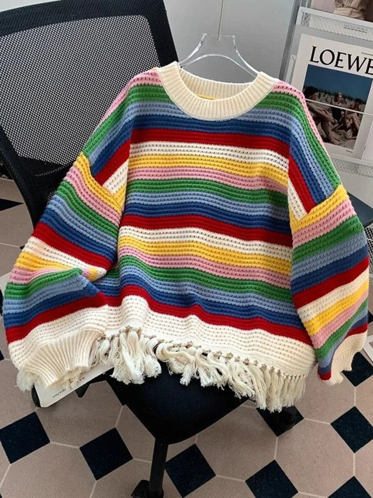 Bxoxo Sweet Rainbow Tassel Sweaters Women Vintage Cute Loose Long Sleeve Knitted Jumper Casual Retro O Neck Lady Hollow Out Pullovers