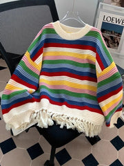 Bxoxo Sweet Rainbow Tassel Sweaters Women Vintage Cute Loose Long Sleeve Knitted Jumper Casual Retro O Neck Lady Hollow Out Pullovers