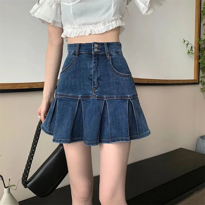 Bxoxo Vintage Blue Denim Pleated Skirt Women Y2K High Waist Ruffle All Match Mini Skirt Ladies Korean Streetwear A Line Jean Skirts