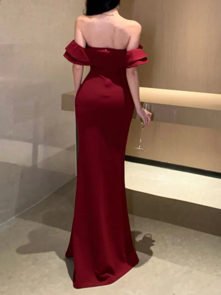 BXOXO Sexy Bodycon Long Dresses for Women Wedding Evening Party Prom Robe Ruffles Slash Neck High Split Hollow Out Summer New Vestido