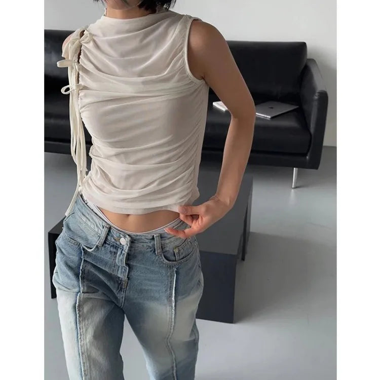 BXOXO Streetwear Folds Tank Tops Women Lace Up Sleeveless Tshirts Korean Fashion Chic Summer Mesh  Casual Tanks Y2k