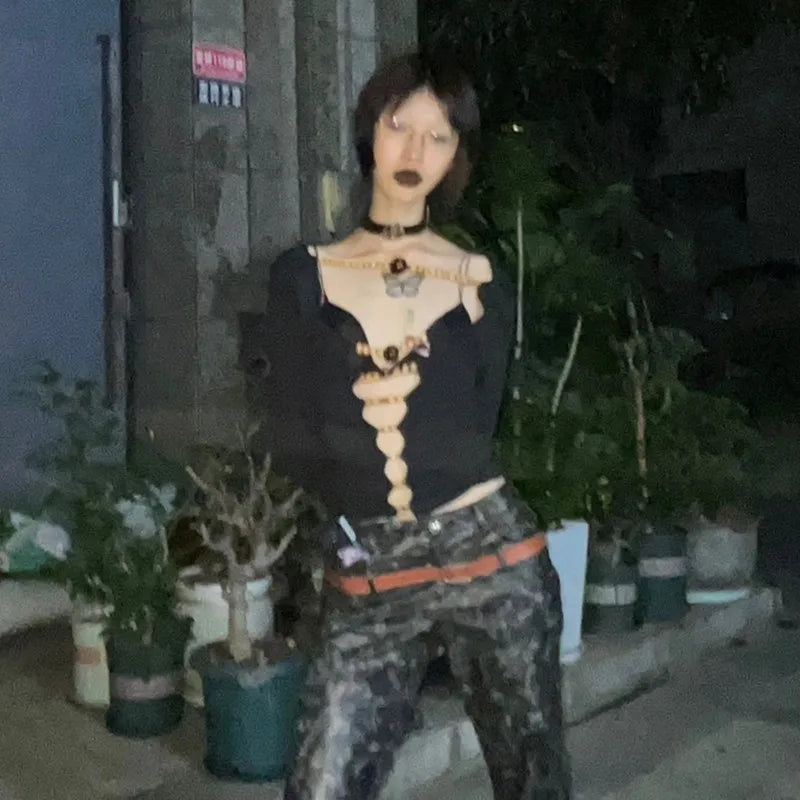 Bxoxo Japanese Y2k Hollow Out Tops Vintage Harajuku Beaded T Shirt 2000s Aesthetics Long Sleeve Slim T-shirts American Retro