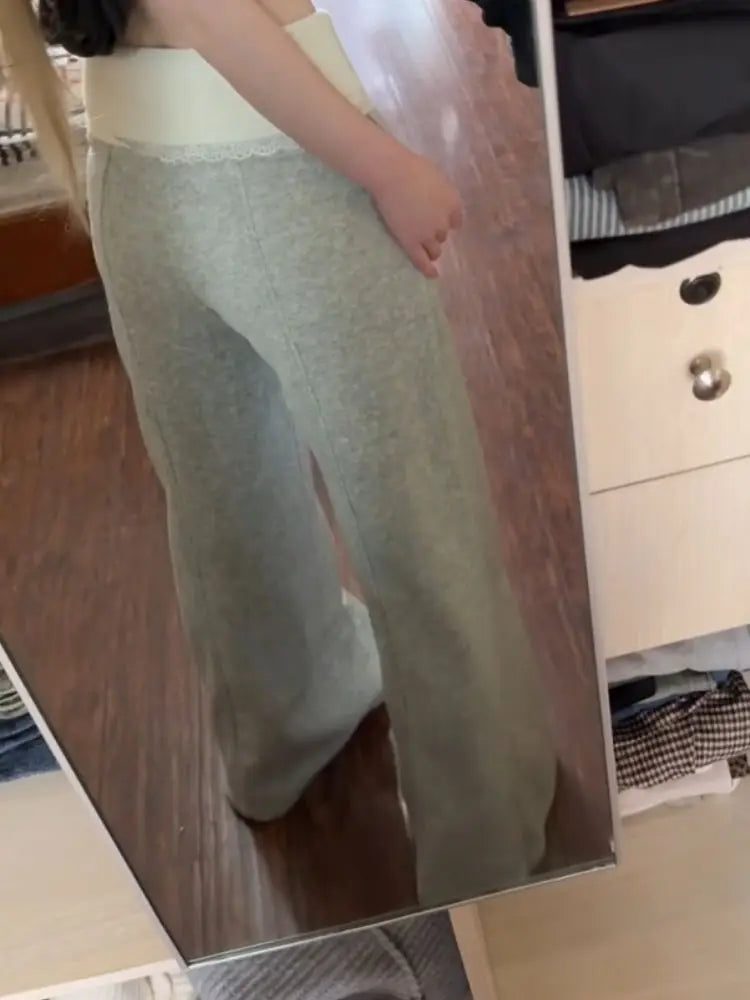 Bxoxo Basic Lace Patchwork Women Flare Pants Gray Korean Fashion Sweatpants Harajuku Contrast Color Trousers Baggy Casual
