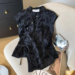 Bxoxo Retro Thin Shirt New Chinese Style Cheongsam Top Black Jacquard Short Sleeve T-shirt Summer Mature Fashion Women's Clothing