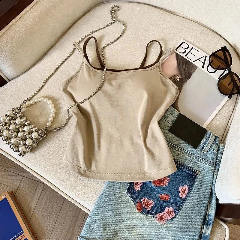 Bxoxo Fashion Patchwork Fake 2 Piece Women Camis Summer Fashion Spaghetti Straps with Chest Pad Vest Korean Chic Base Tank Female