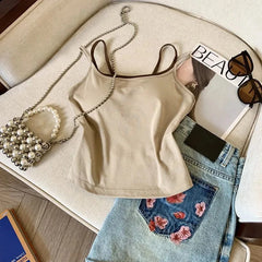 Bxoxo Fashion Patchwork Fake 2 Piece Women Camis Summer Fashion Spaghetti Straps with Chest Pad Vest Korean Chic Base Tank Female