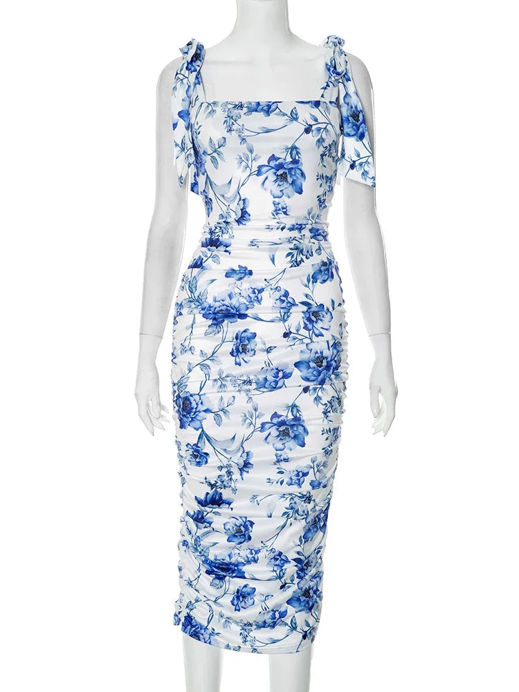 BXOXO Floral Print Backless Sexy Maxi Dress For Women Gown Spaghetti Strap Square Collar Ruched Bodycon Club Party Dress