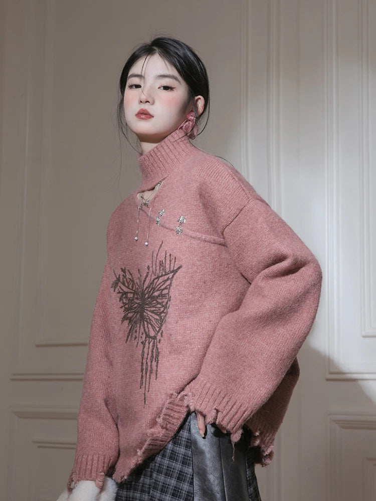Bxoxo Hollow Out Hole Sweaters Women Vintage Bufferfly Print Lazy Wind Loose Knitted Jumper American Harajuku Y2K Retro Pullover New