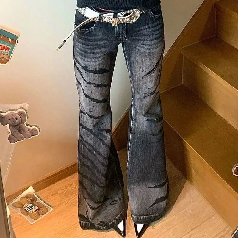 Bxoxo Y2k Washed Stripes Flared Jeans Women Harajuku Low Waist  American Vintage Denim Pants Slim Gyaru Streetwear Trousers