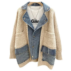 BXOXO New Autumn Winter Women Splicing Denim Jacket Women Long Sleeve Jean Jackets Female Loose Sweater Cardigan Jacket