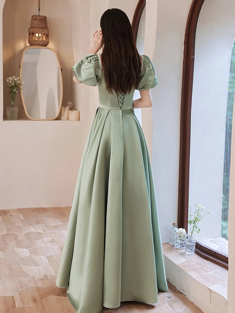 BXOXO Fairy Green Satin Prom Dress Puff Short Sleeve Lace-Up Floor Length Elegant  Evening Gown Plus Size Banquet Vestidos